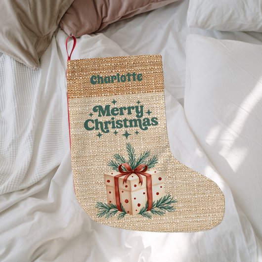 Beige burlap cadeau doos naam retro Vrolijk Kerstf Kleine Kerstsok