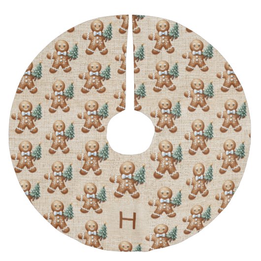 Beige burlap familie monogram peperkoek man kerstboom rok (Voorkant)