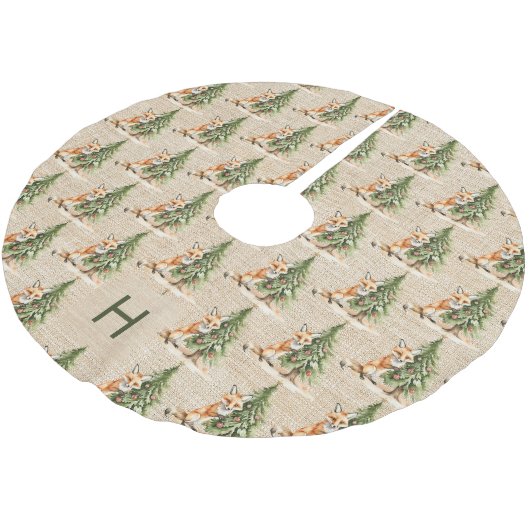 Beige burlap familie monogram schattige vos kerstboom rok (Gekanteld)