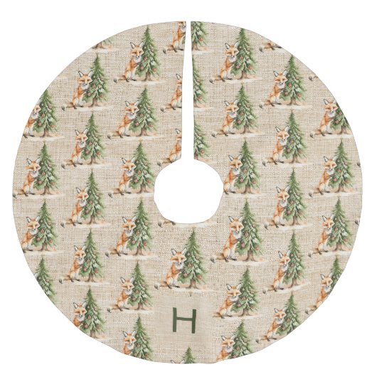 Beige burlap familie monogram schattige vos kerstboom rok (Voorkant)