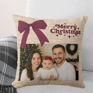 Beige burlap foto bordeauxrode boog Kerstmis Kussen