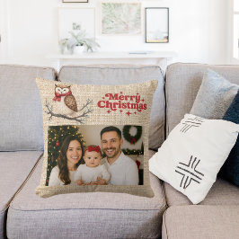 Beige burlap foto schattige uil Kerstmis Kussen