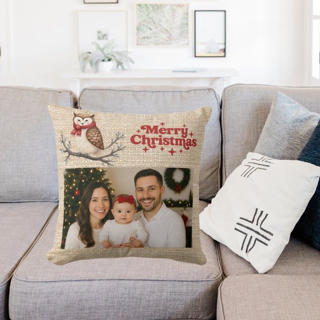 Beige burlap foto schattige uil Kerstmis Kussen (Creator heeft geüpload)