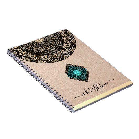 Beige Burlap Mandala Zwart Script Naam Notitieboek (Rechterzijde)