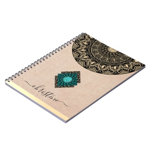 Beige Burlap Mandala Zwart Script Naam Notitieboek (Linkerzijde)