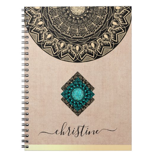Beige Burlap Mandala Zwart Script Naam Notitieboek (Voorkant)