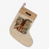 Beige burlap naam foto modern kleine kerstsok (Voorkant (Hangend))