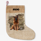 Beige burlap naam foto modern kleine kerstsok (Voorkant)