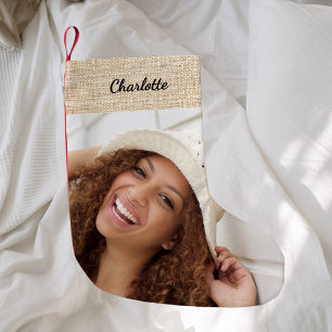 Beige burlap naam foto modern kleine kerstsok