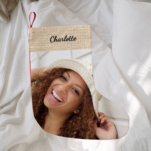 Beige burlap naam foto modern kleine kerstsok