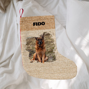 Beige burlap naam foto modern kleine kerstsok