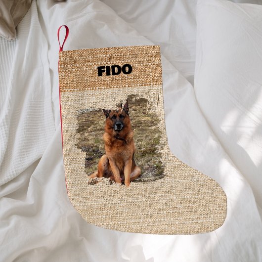 Beige burlap naam foto modern kleine kerstsok