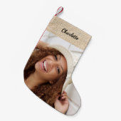 Beige burlap naam foto modern kleine kerstsok (Voorkant (Hangend))