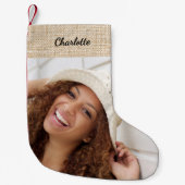 Beige burlap naam foto modern kleine kerstsok (Voorkant)