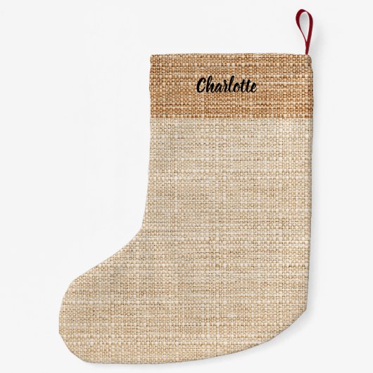Beige burlap naam modern kleine kerstsok (Achterkant)