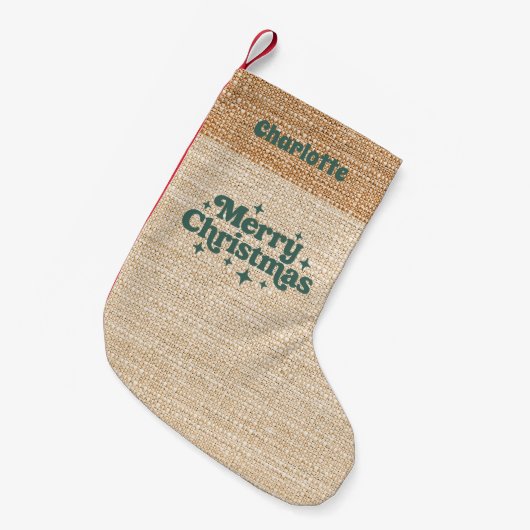 Beige burlap naam retro Vrolijk Kerstfeest Kleine Kerstsok (Voorkant (Hangend))