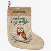 Beige burlap uil naam retro Vrolijk Kerstfeest Kleine Kerstsok (Voorkant)