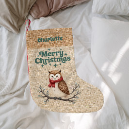 Beige burlap uil naam retro Vrolijk Kerstfeest Kleine Kerstsok