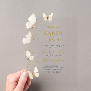 Beige Butterfly Quinceañera acryl Uitnodiging