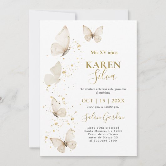 Beige Butterfly Quinceañera Uitnodiging (Voorkant)