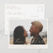 Beige Calligrafie Foto Opslaan Datum Aankondigingskaart (Voorkant / Achterkant)