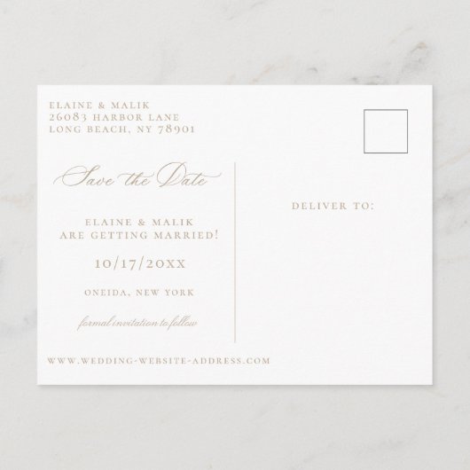 Beige Calligrafie Foto Opslaan Datum Aankondigingskaart (Achterkant)