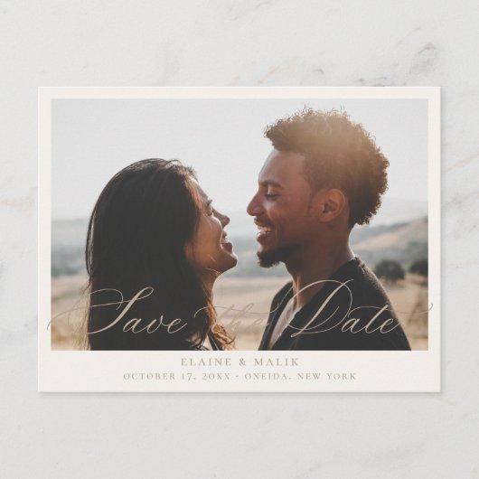 Beige Calligrafie Foto Opslaan Datum Aankondigingskaart (Voorkant)