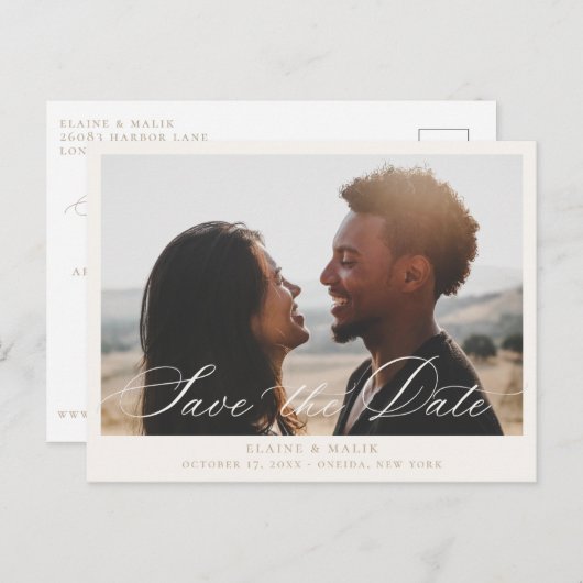 Beige Calligrafie Foto Opslaan Datum bekendmaking Aankondigingskaart (Voorkant / Achterkant)