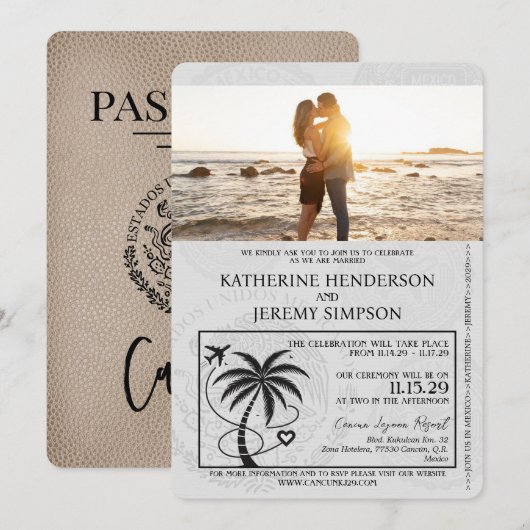 Beige Cancun Passport Wedding Kaart (Voorkant / Achterkant)