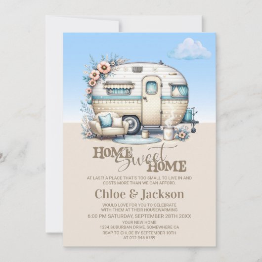 Beige Caravan Funny Housewarming Party Kaart (Voorkant)