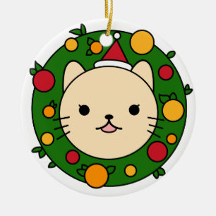 Beige Cat Kerstmis Wreath   Aangepast rood Pet Keramisch Ornament
