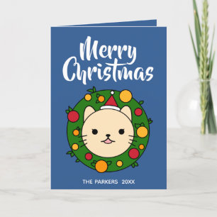 Beige Cat Wreath   Blue Merry-kerstfoto Feestdagen Kaart
