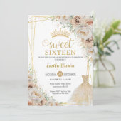 Beige Champagne Crème Goud Bloemen Zoet Zestien Kaart (Staand voorkant)