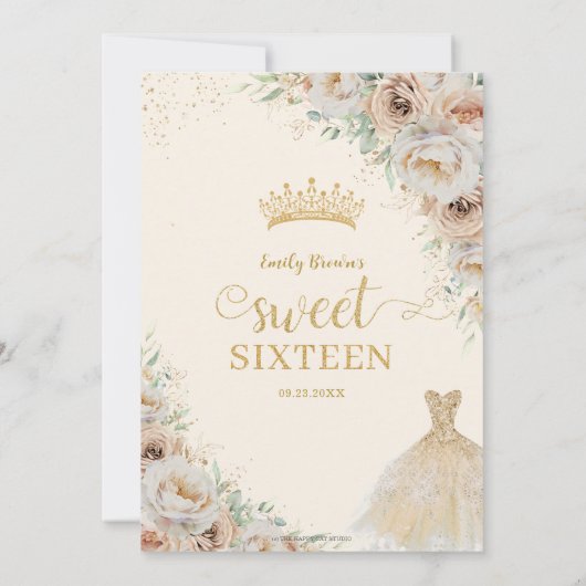 Beige Champagne Crème Goud Bloemen Zoet Zestien Kaart (Achterkant)