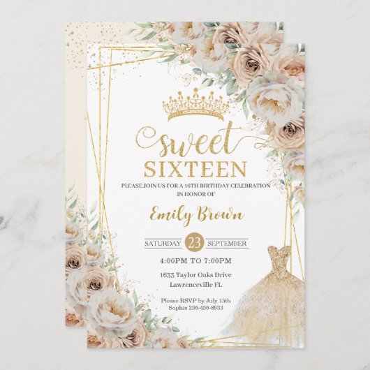 Beige Champagne Crème Goud Bloemen Zoet Zestien Kaart (Voorkant / Achterkant)