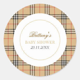 Beige Check Designer Plaid Baby shower Ronde Sticker