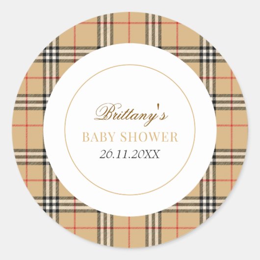 Beige Check Designer Plaid Baby shower Ronde Sticker (Voorkant)