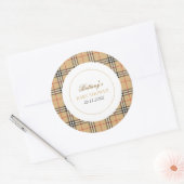 Beige Check Designer Plaid Baby shower Ronde Sticker (Envelop)
