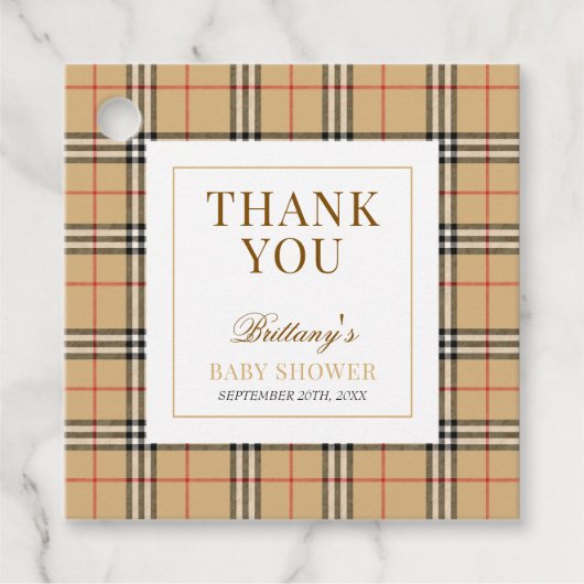 Beige Check Plaid Baby shower Bedankjes Labels (Voorkant)
