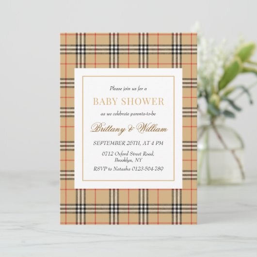 Beige Check Plaid Baby shower Kaart (Staand voorkant)