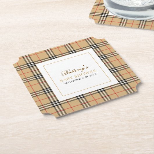 Beige Check Plaid Baby shower Kartonnen Onderzetters (Gekanteld)