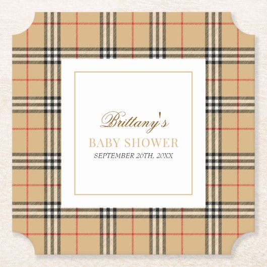 Beige Check Plaid Baby shower Kartonnen Onderzetters (Voorkant)