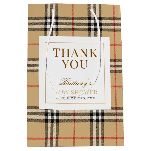 Beige Check Plaid Baby shower Medium Cadeauzakje (Voorkant)