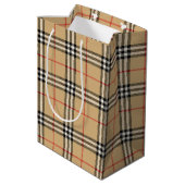 Beige Check Plaid Baby shower Medium Cadeauzakje (Achterkant Gekanteld)