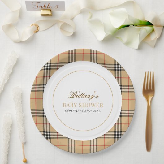 Beige Check Plaid Baby shower Papieren Bordje (Huwelijk)
