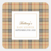 Beige Check Plaid Baby shower Vierkante Sticker (Voorkant)