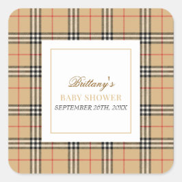 Beige Check Plaid Baby shower Vierkante Sticker
