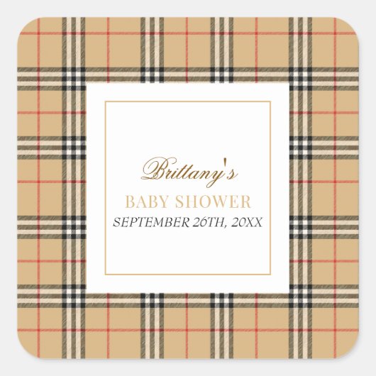 Beige Check Plaid Baby shower Vierkante Sticker (Voorkant)