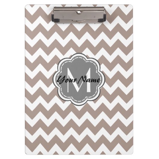 Beige Chevron, Grijze monogram, Gepersonaliseerde Klembord (Voorkant)