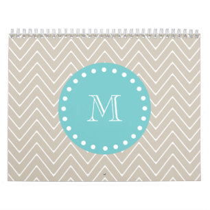 Beige Chevron Pattern Blauwgroen monogram Kalender